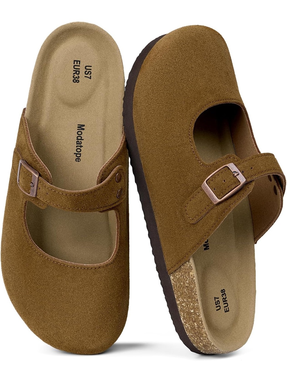 🆕 Women Camel Suede Mary Jane Clogs Cork Footbed Slip On Buckle Strap Mules